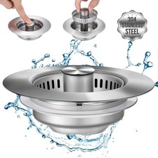 3-in-1 Kitchen Sink Drain Strainer Stopper 3.5" Stainless Steel Anti-Clog Basket