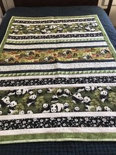 Crib Sized Quilt Handmade Jungle Animals 55x42" Baby Toddler Panda Black White