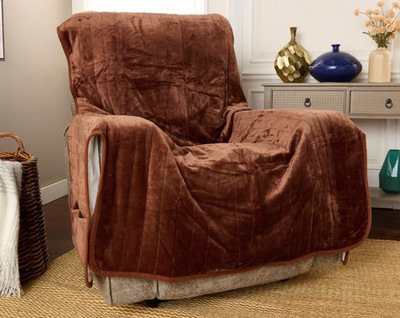 Improvements Plush Chair Recliner Slipcover Washable with Side Pockets Brown New
