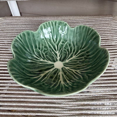 SH Home Stoneware Cabbage Leaf Bowl Green/White Flower Shape Glossy Finish
