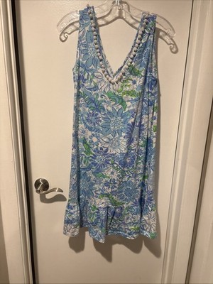 Lilly Pulitzer LARGE Frenchie Blue SUNS OUT CAMILLA SWING DRESS PomPom VNeck