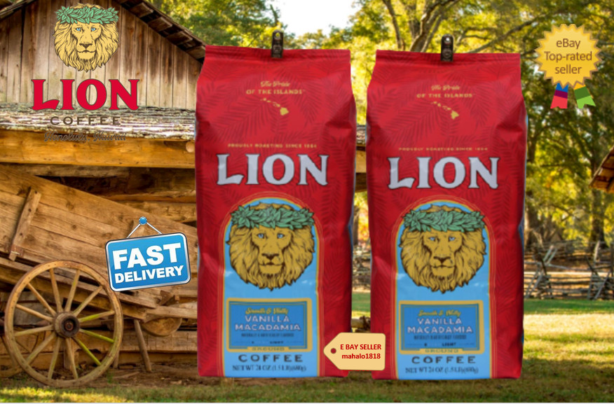 🌺TWO BAGS 24 oz LION COFFEE VANILLA MACADAMIA Nut Coffee (1.5 lb) WHOLE BEAN