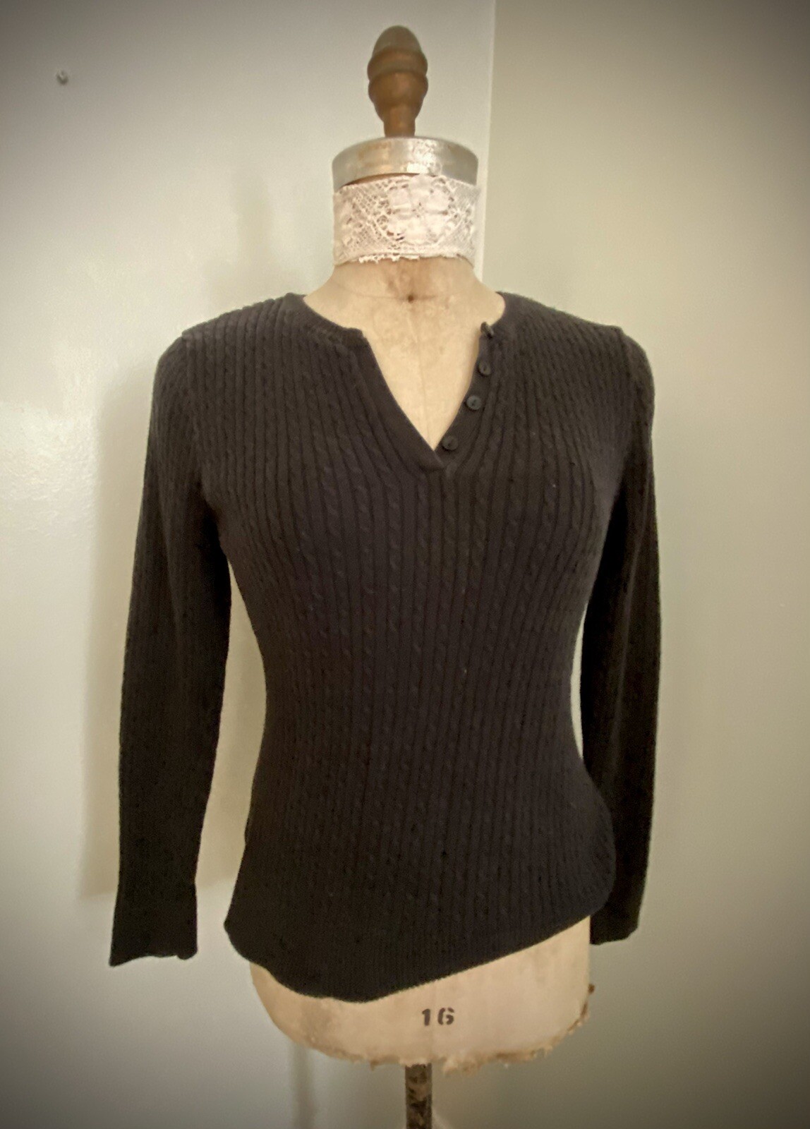 Y2K Jeanne Pierre Vintage 90s Black Cotton Cable Knit Sweater Women SZ M