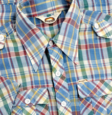 Vtg 70s WRANGLER Western Men USA Shirt L Button Up Multicolor Plaid Short Sleeve
