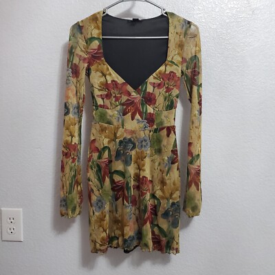 Pretty Little Thing Mini Dress Size Multi Floral Sheer Long Sleeve Lined  Fairy