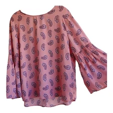 New York & Company Blouse Women's XLarge Pink Paisley Bell Sleeve Bow Back Top