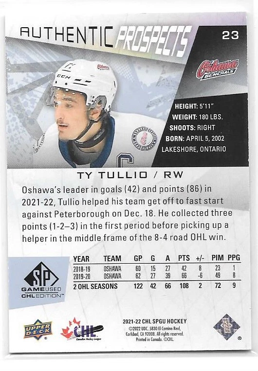 2021-22 Upper Deck UD SP Game Used CHL Edition #23 Tyler Tullio /71 - Image 2 of 2