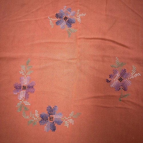 MCM Orange Vintage Cross Stitch Floral Table Cloth 47” x 50” Fringe Edge Charity - Picture 3 of 12