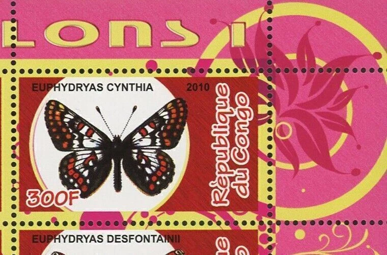 Congo Butterfly Insect Euphydryas Nature Souvenir Sheet of 4 Stamps Mint NH - Image 3 of 4