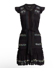 SALONI Bea Pintuck Ruffle Cap Sleeve Embroidered Cotton Mini Dress Size 4