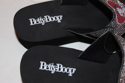 NEW BETTY BOOP WOMENS BLACK FLIP FLOP THONG WEDGES SILVER  display picture 1