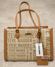 Steve Madden Beige/Tan Logo Satchel Top Handle Zip Bag w/ Pouch Gold Hardware