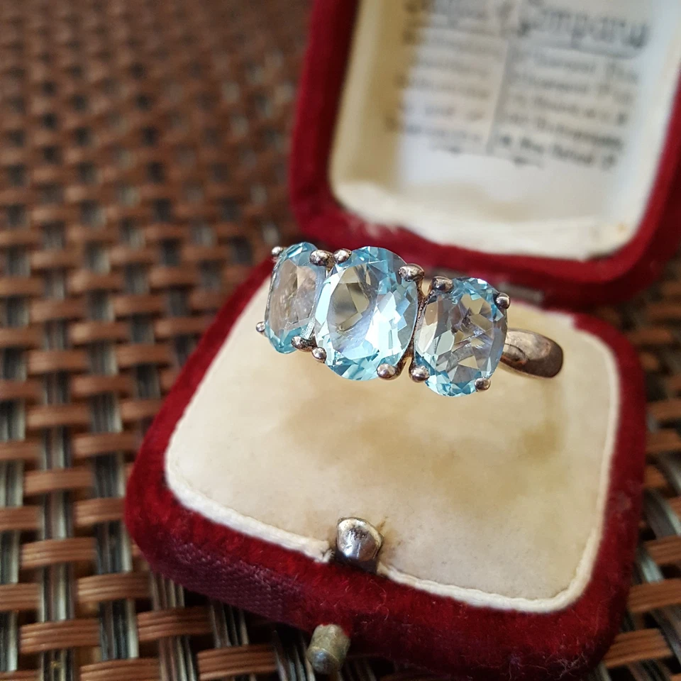 925 Sterling Silver Trilogy Ring Blue Topaz UK Size T US 9.75, Silver Jewellery - Image 2 of 4