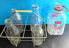 Vtg. Metal Milk Bottle Carrier for 4 Half Gallons + 5 Raised Label Glass Bottles