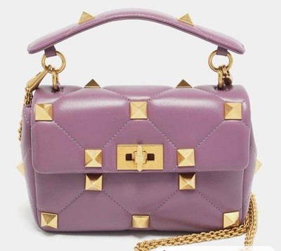 Valentino Roman Stud Medium Lilac Quilted Leather Top Handle Bag NWT