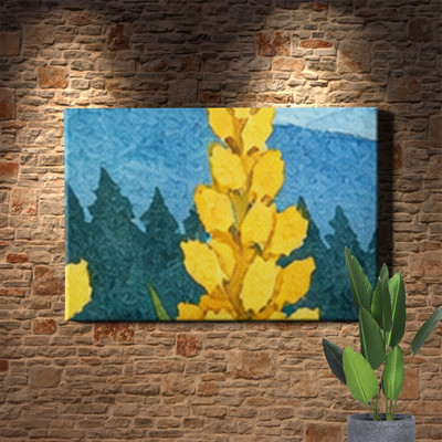 Yellow wildflowers mountain landscape Poster Print with tall lupine like blooms