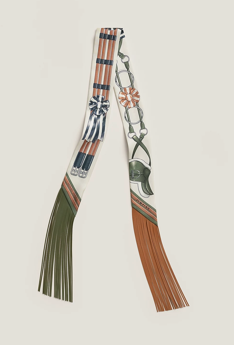 New Hermes JUMPING LEATHER FRINGES TWILLY Crème / Green Kaki