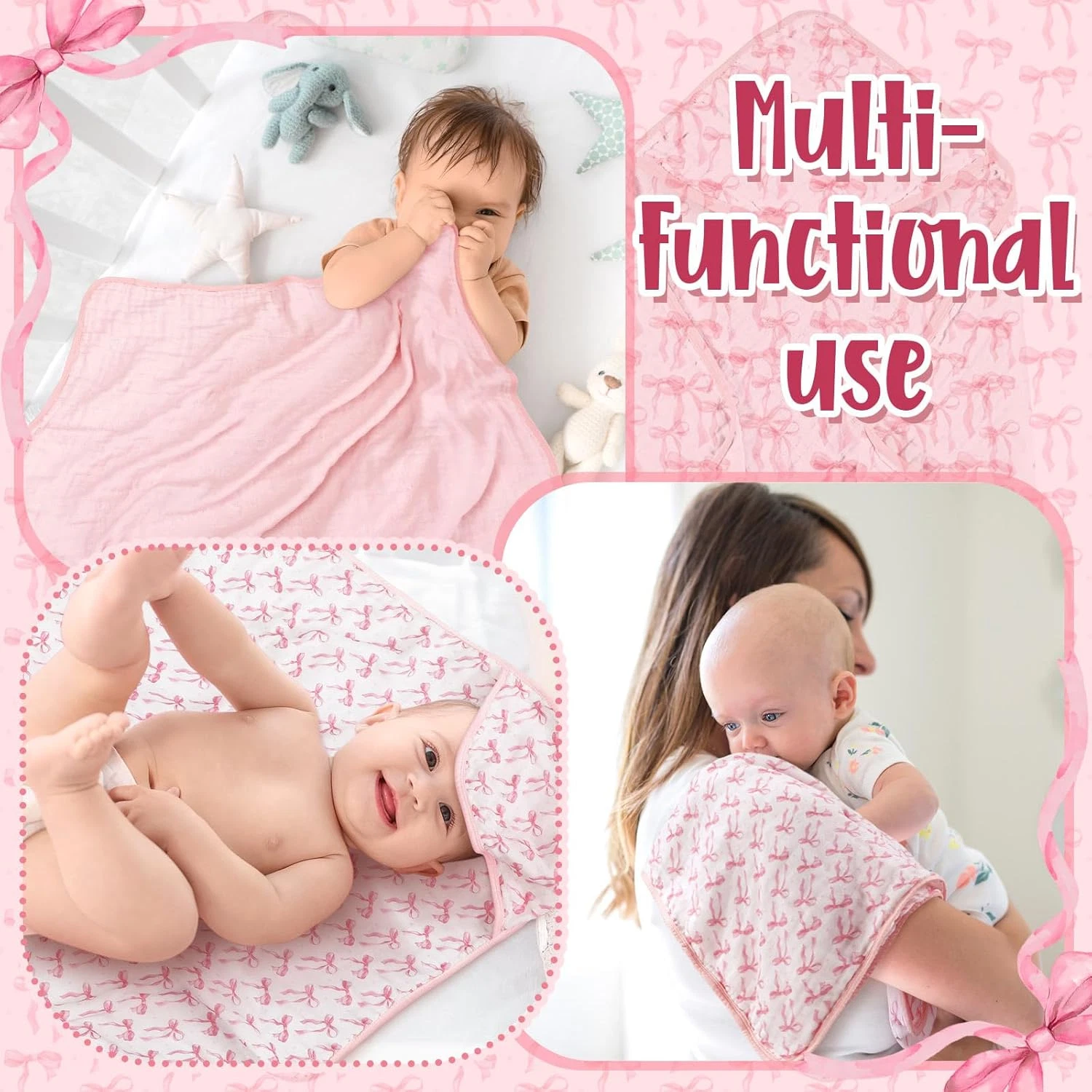 2 Pack Pink Bow Baby Towels Newborn 100% Muslin Cotton Baby Bath Towel Hood Kids