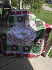Warm Wishes Christmas Lap Quilt Handmade Holiday Quilt 60x70 Red Green White
