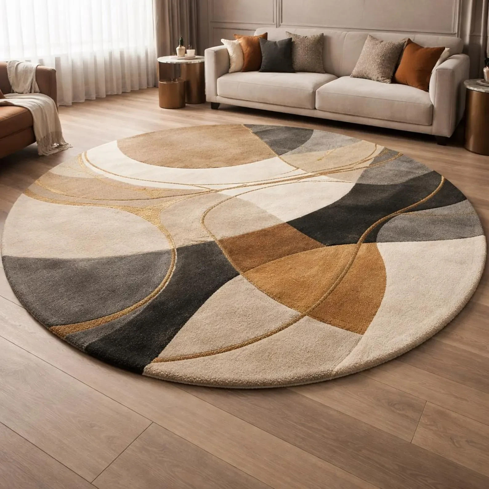 Round Hand Tufted Rug | Modern Abstract Wool Carpet | Thick Plush Area Rug