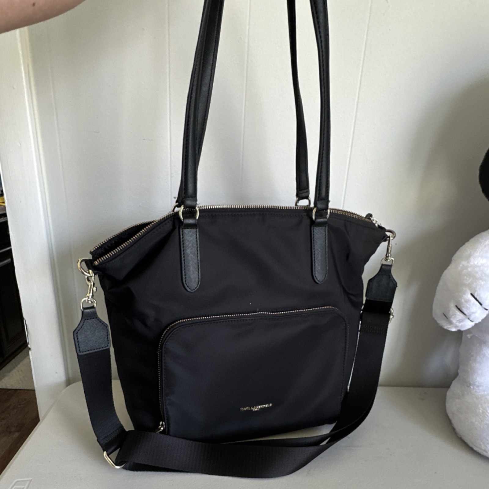 Karl Lagerfeld Paris Black Tote Bag Double Handles Zipper Detachable Strap