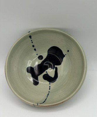 Vintage Ink Blot Splatter Abstract Green Art Pottery Bowl 8.5  Signed Roni 2002