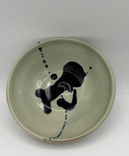 Vintage Ink Blot Splatter Abstract Green Art Pottery Bowl 8.5" Signed Roni 2002