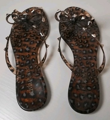 Olivia Miller Women's Sz 6 Beachwear Studded Bow Leopard Jelly Thong Sandals 