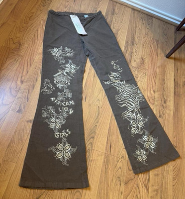 Casucci Women's Brown Cotton Linen Canvas Graphic Print Flared Pants 33''