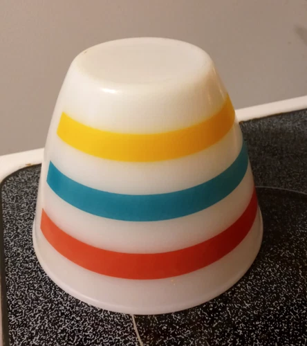 Vintage Fire King Colonial Bands Stripes Grease Bowl Pink Teal Yellow