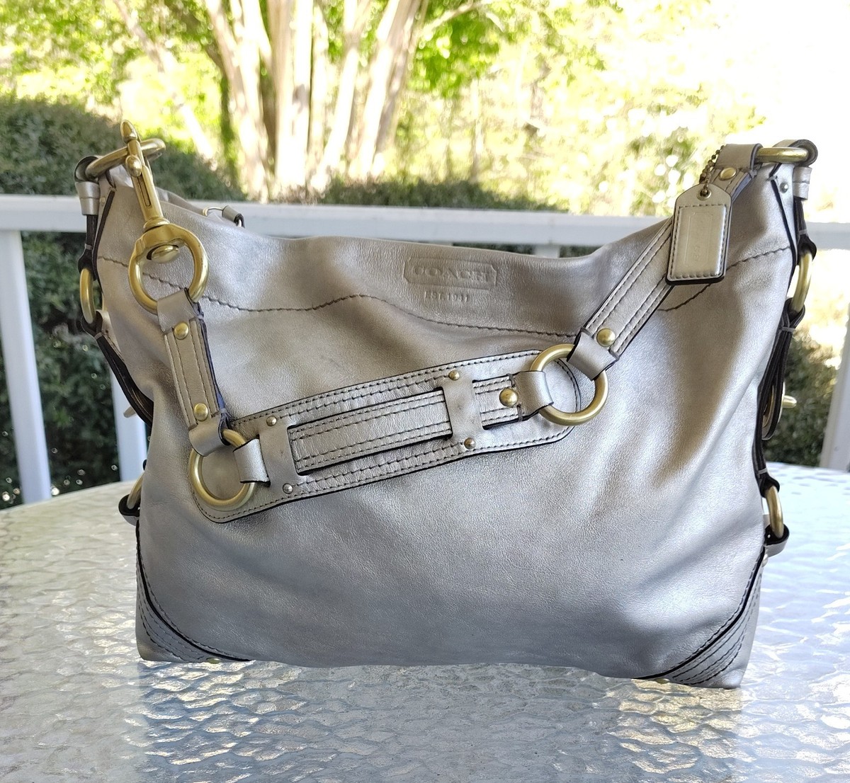 Coach 11872 Carly Legacy Silver Shimmer Leather Shoulder Bag w