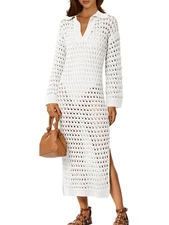 Women's V Neck Long Sleeve Crochet Maxi Dress Beach Swimsuit Cover Up