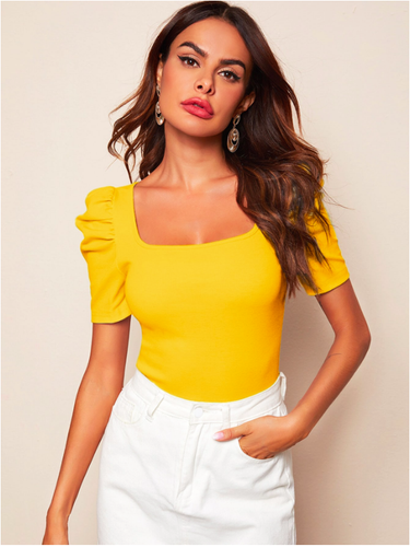Yellow Solid Square Neck Puff Sleeve Top Sz XS S M L XL | eBay
