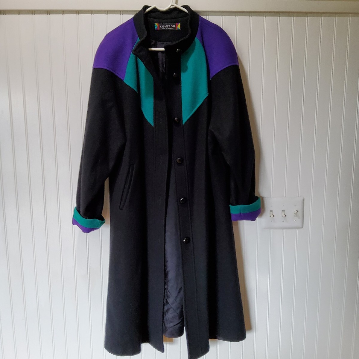 Vintage 80s Komitor Color Block Black Purple Green Wool Long