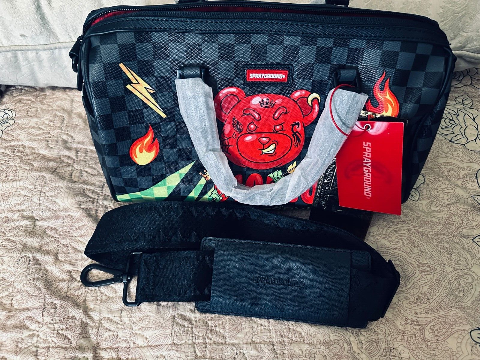 SPRAYGROUND DIABLO MINI DUFFLE - LIMITED EDITION RED BEAR BLACK CHECK