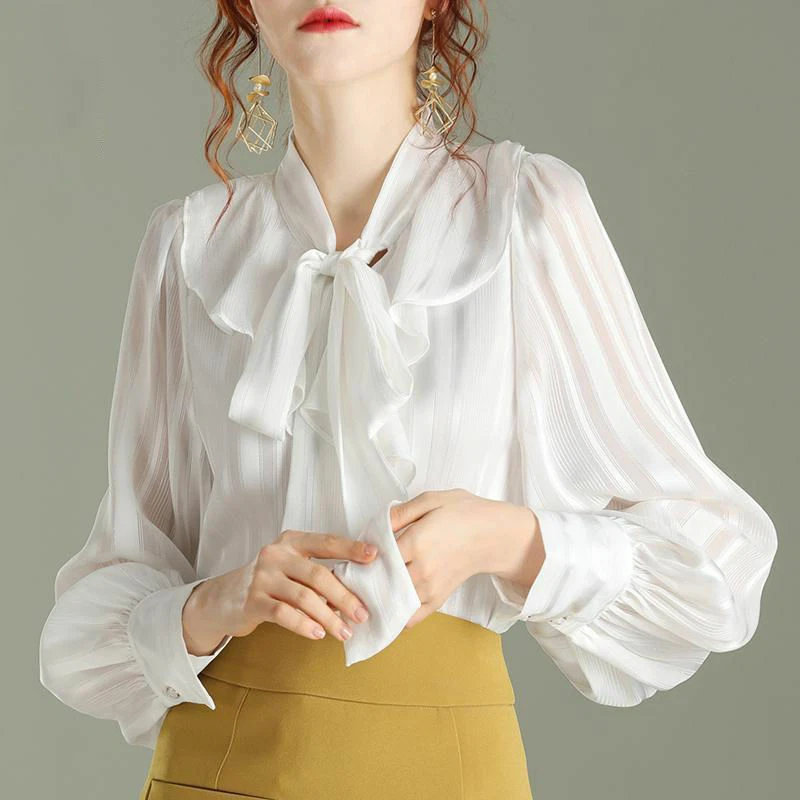 Chiffon bow cheap tie blouse