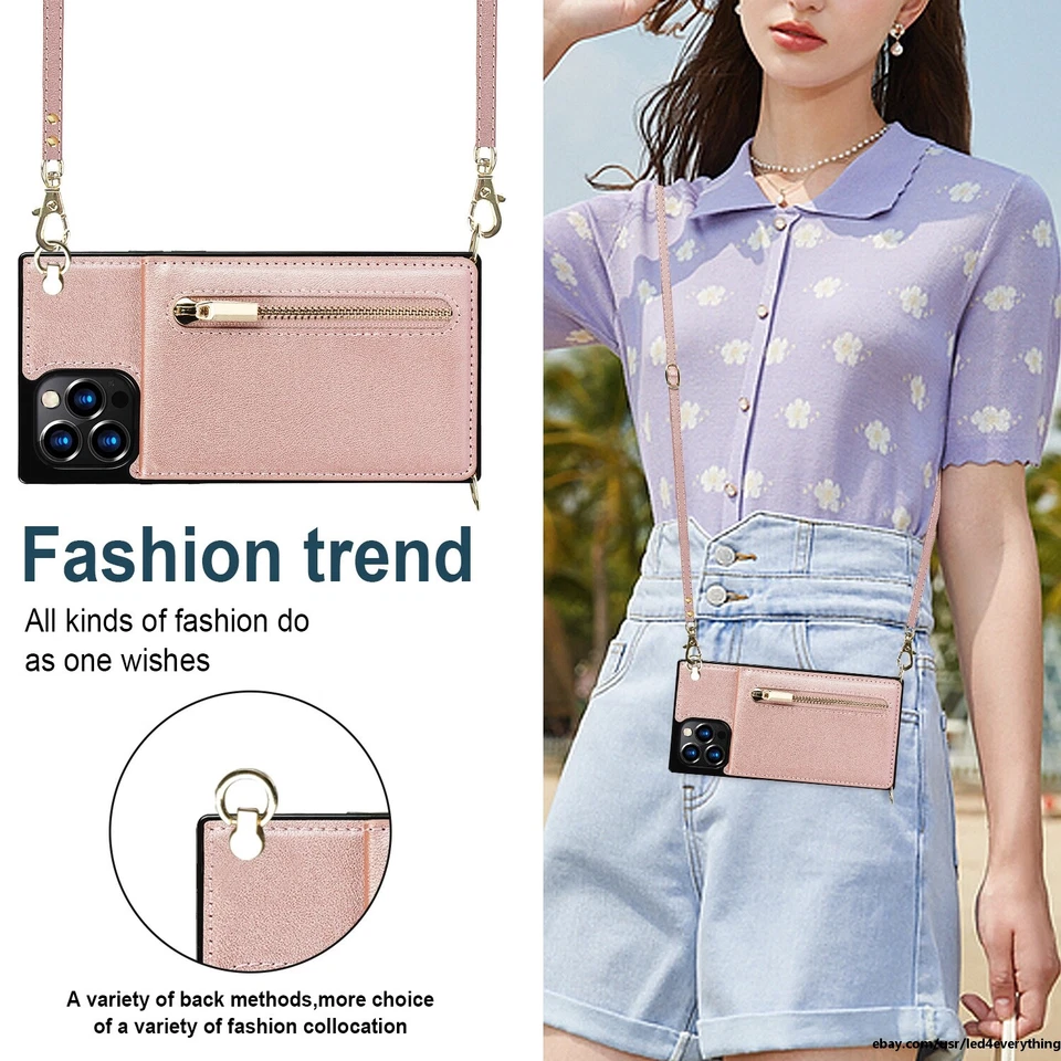 Para iPhone 15 Pro Max 14 13 12 11 XS XR Cuero Tarjeta Billetera Bandolera Cadena Estuche Foto 2 de 4