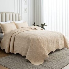 King Size Quilt Set 3 Pieces, Soft King 106" x 90" Beige Rose Pattern 