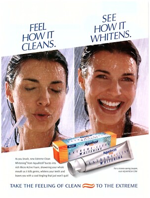 PRINT AD, 2004 Aquafresh Extreme Clean Whitening Woman In Shower Brushing Teeth