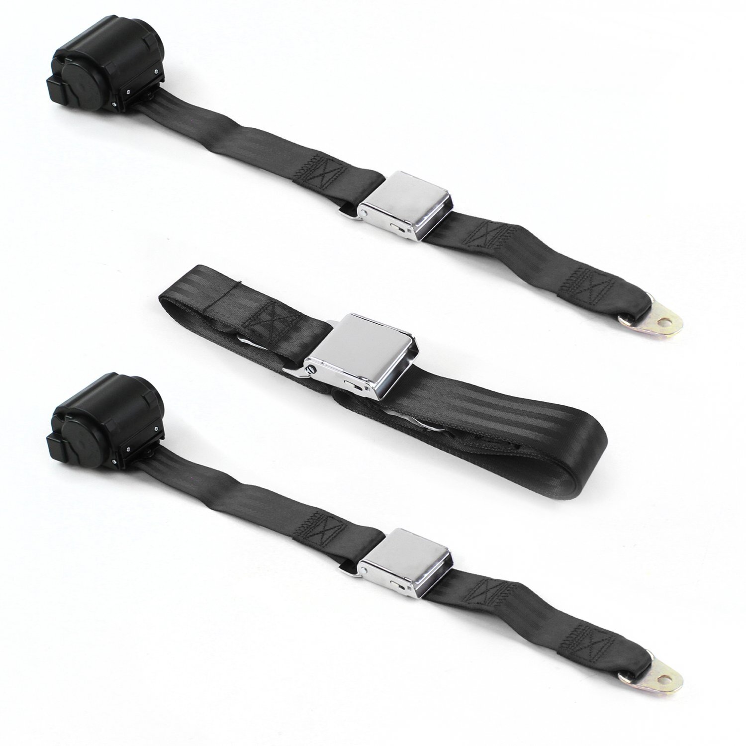 Ford 1949 - 1951 Airplane 2pt Black Retractable Bench Seat Belt Kit - 3 Belts v8