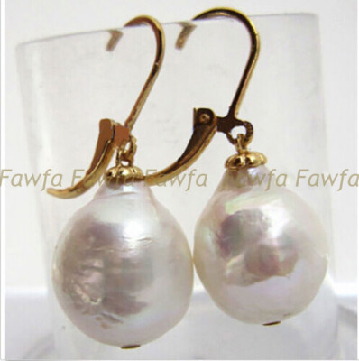12-13mm Natural White South Sea Baroque Edison Pearl Dangle Leverback Earrings