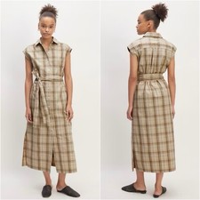 Everlane The Supima Cotton Short-Sleeve Shirt Dress Pale Khaki Plaid 4 NWT New