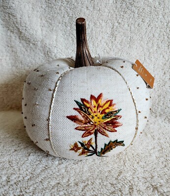 NWT Beaded Dots & Flower Fabric Pumpkin Halloween fall Thanksgiving decor, 7'