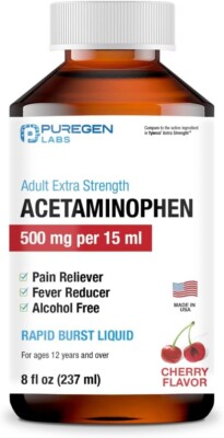 Puregen Labs Acetaminophen 500 mg/15 ml Liquid Cherry Flavor 8 oz Exp 5/26