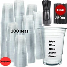 Unicup [100 Sets] Clear Plastic Cups With Flat Lids Plus 250ct Paper Straws FREE