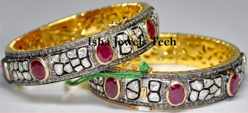 Bracelet 2 pièces diamant et diamant Polki taille rose naturelle argent sterling 925 - Photo 1/4
