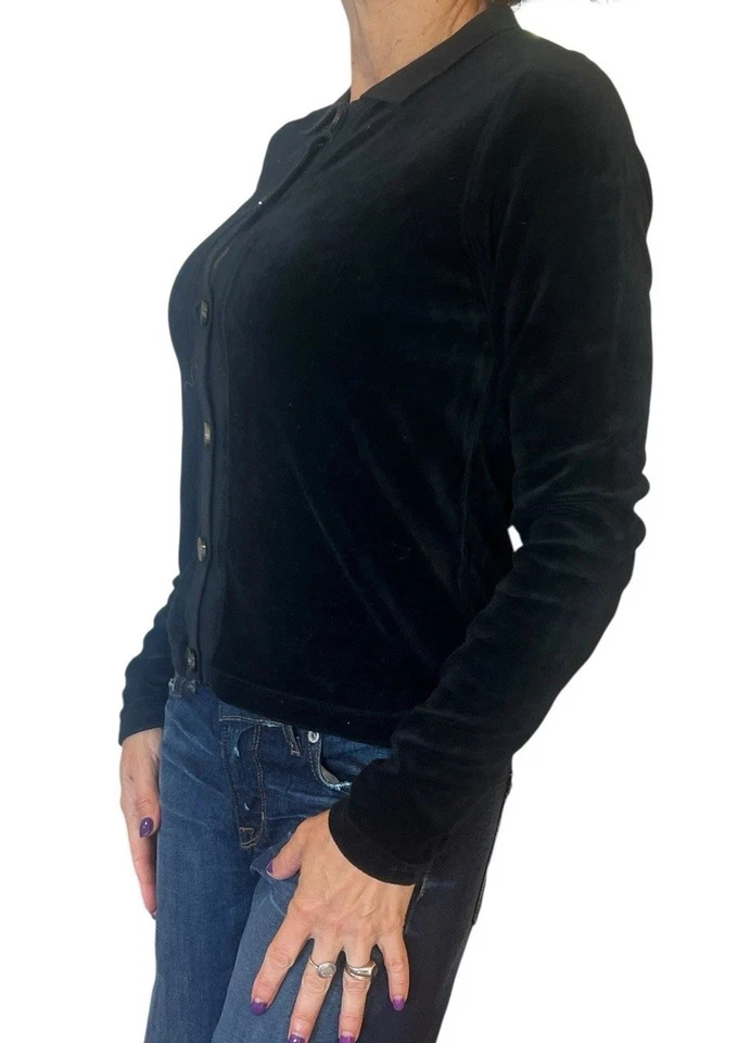 Chaqueta cárdigan Hard Tail para mujer de terciopelo con cuello polo (V-209) negra mediana Foto 3 de 4