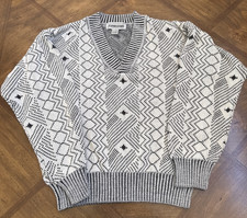 Vintage 90s Expressions Knit V-neck Sweater Medium White Black Geometric Designs