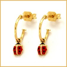 18k 750 Yellow GOLD Enamel Ladybug Dangle Hoop Huggie Earrings Baby Girl Kids