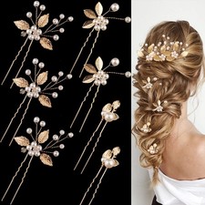 7pc Gold Leaf Pearl Hair Pins Flower Headpiece Vintage Wedding Accessories